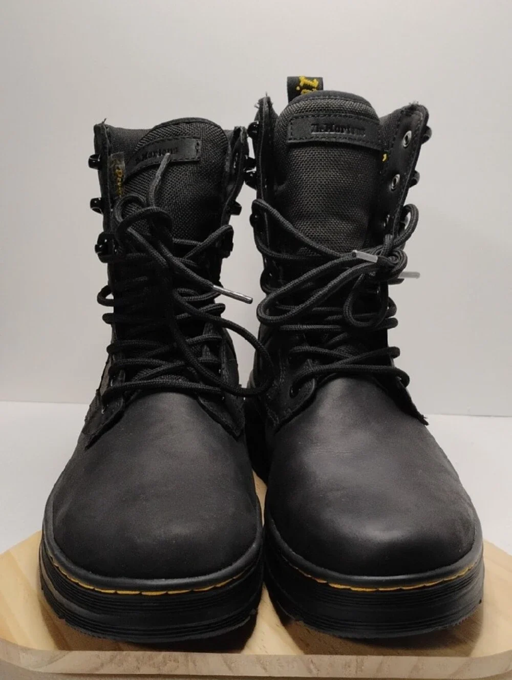 Dr. Martens Men's Black Lace-Up Leather Combat Boots with Yellow Heel Loop